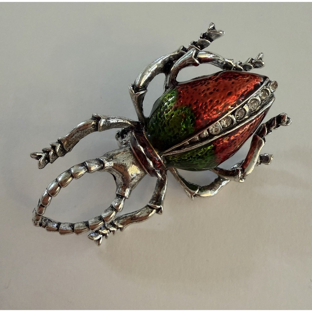 Beetle Brooch Pin Silver-Tone Vibrant Green Red Enamel Rhinestone Bug Insect